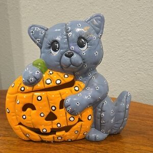 Gray Cat with Pumpkin Ceramic Decor